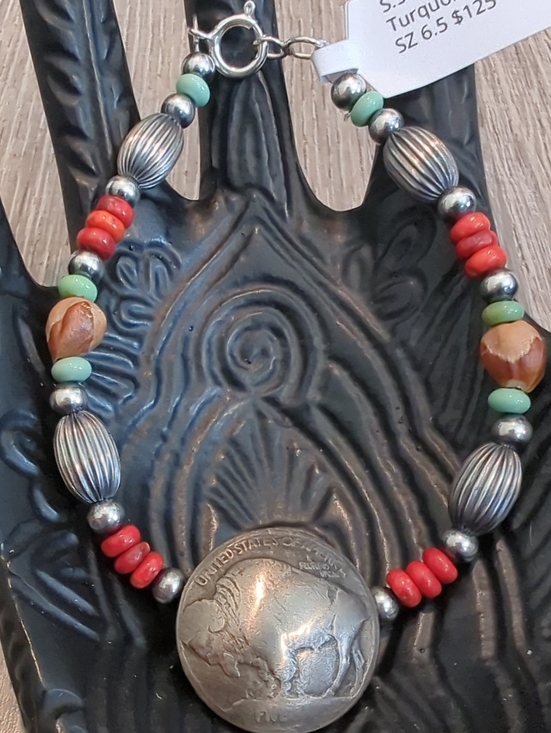 Native American Jewelry - Navajo Handmade Buffalo Nickel Sterling Apple Coral Ghost Bead Bracelet